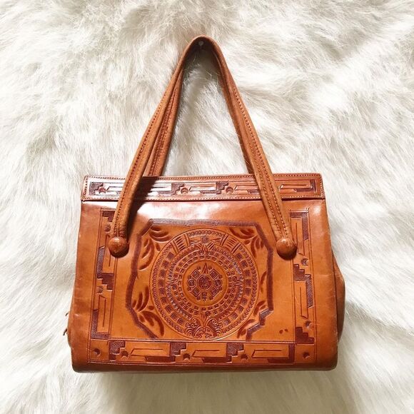 TOOLED BROWN LEATHER 1950’s 50s Mexican Cacti & Donkey Vintage Purse Handbag Bag - Picture 2 of 8